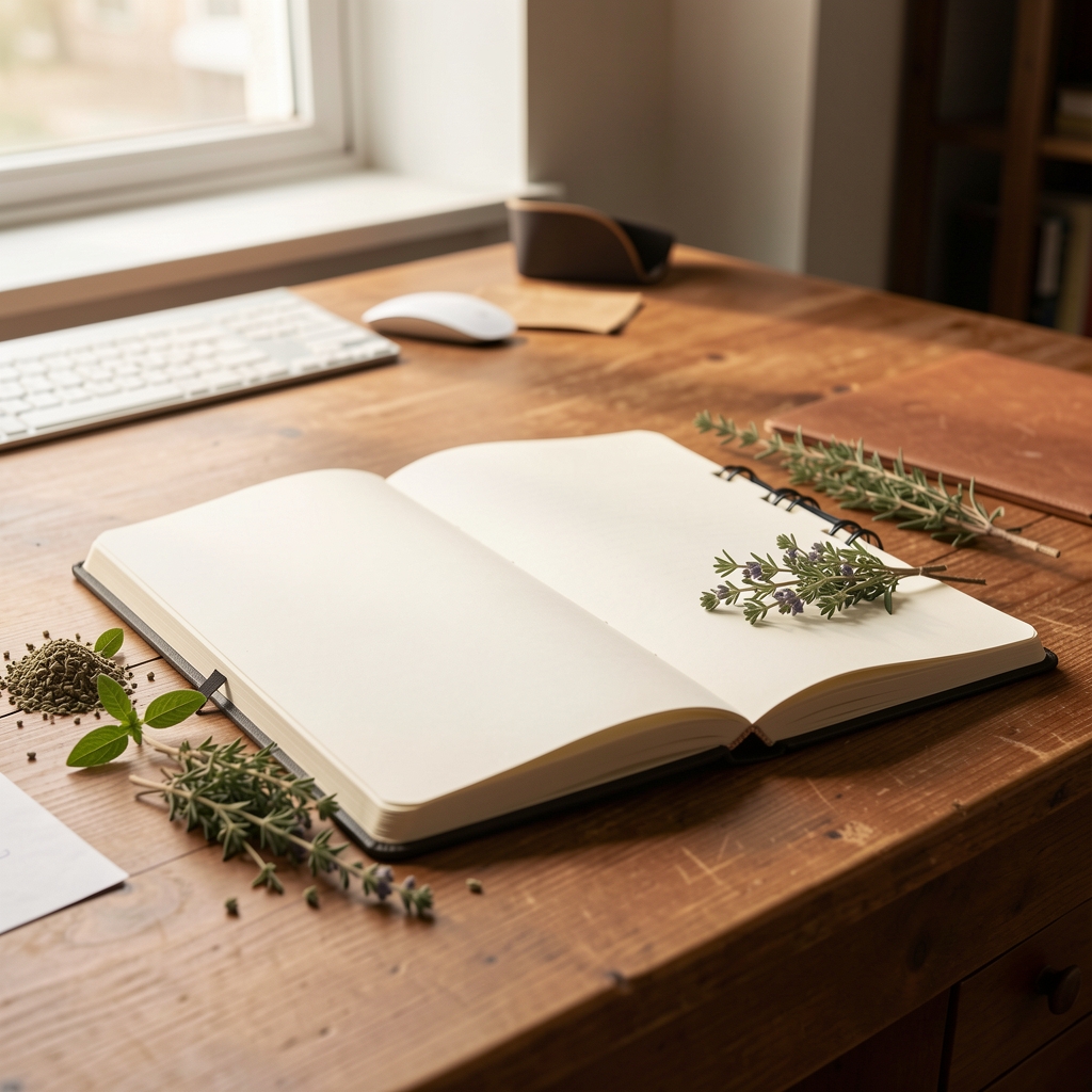 Editorial workspace showing an open notebook, whole herbs and a warm-toned desk surface in natural light