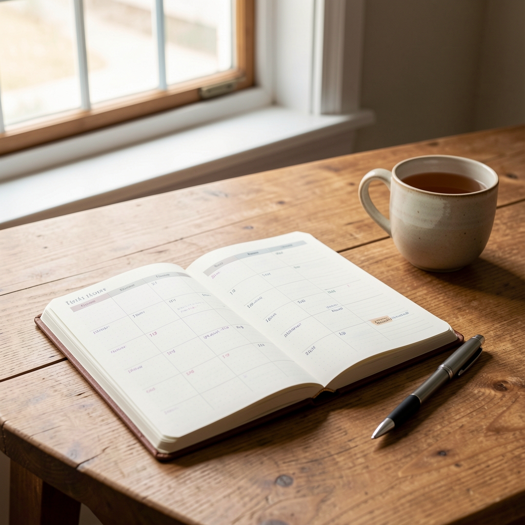 Open habit tracker journal on a wooden desk with a pen and warm cup of tea beside it, soft natural light from a window