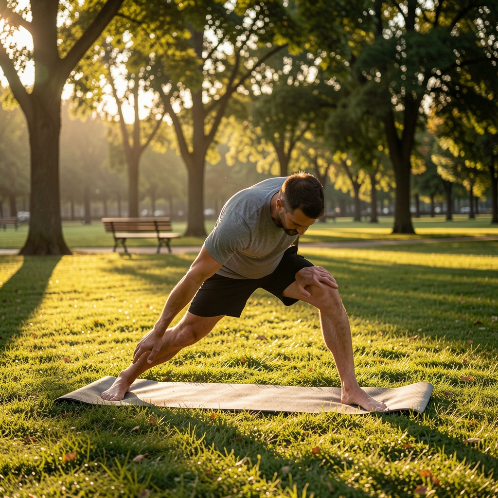 Man doing outdoor morning stretches in a Kuala Lumpur park, early light casting long shadows, editorial composition