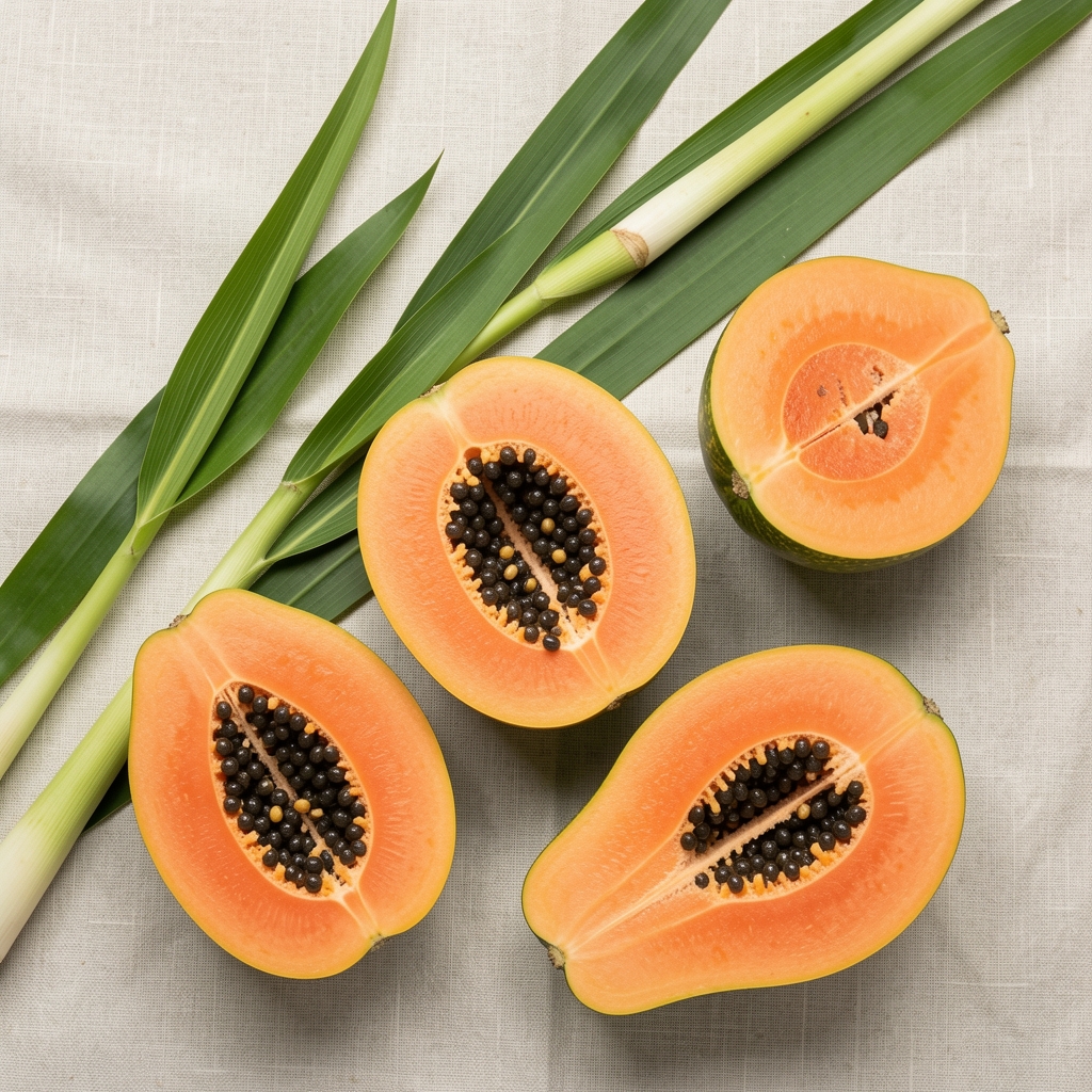 Tropical fruits and whole foods including papaya slices, lemongrass stalks and pandan leaves on a pale linen surface, flat lay editorial composition