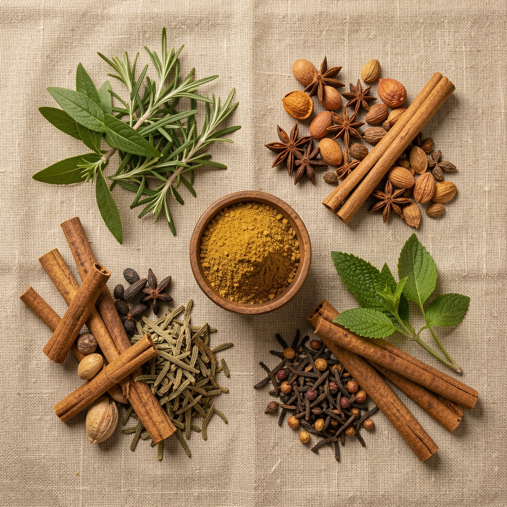 Selection of traditional Malaysian herbs and spices arranged on natural linen cloth, overhead editorial shot