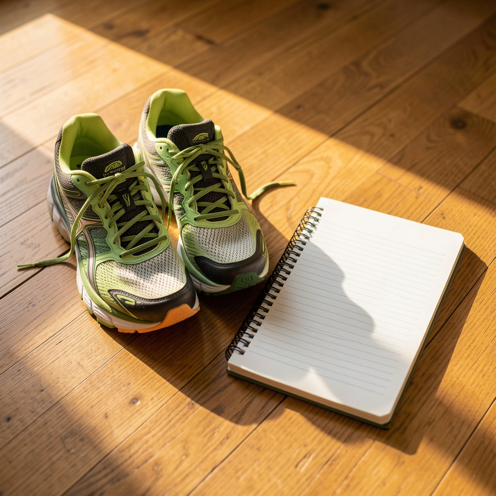 Running shoes placed beside a lined notebook on a wooden floor, warm morning light, editorial composition for movement journal