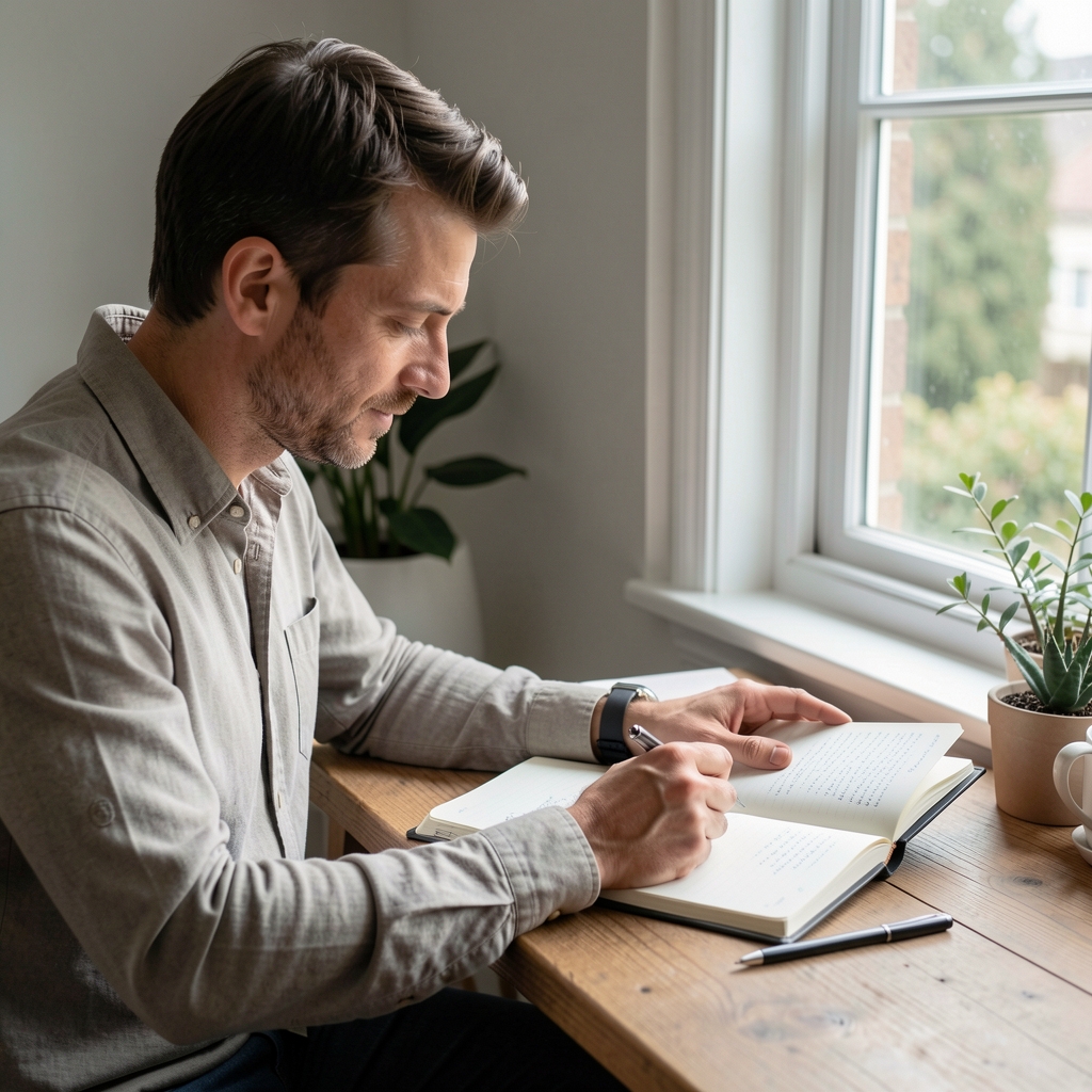 Man reviewing a habit journal at a wooden desk beside a window, natural daylight, editorial minimalist style