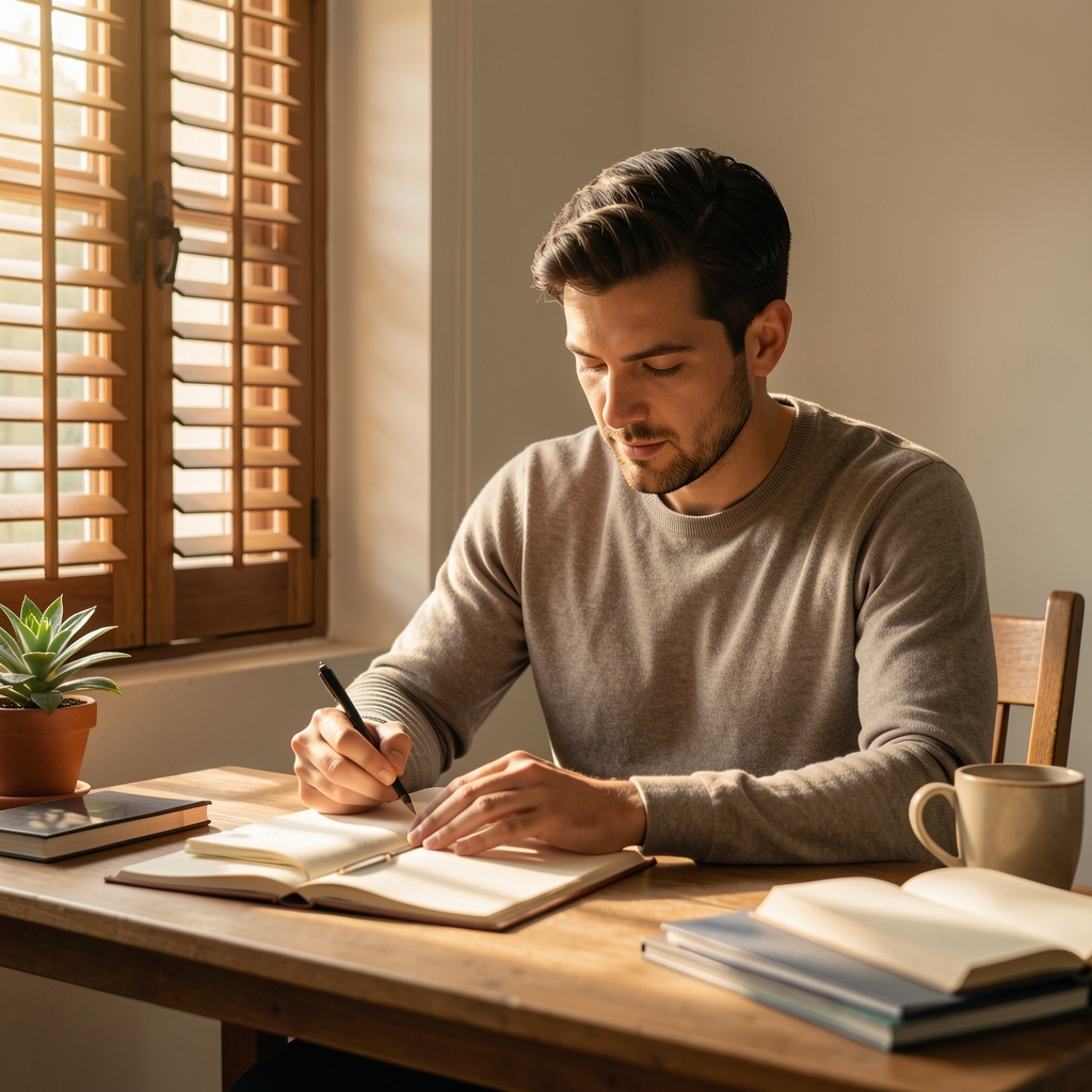 Man journalling in a quiet Kuala Lumpur workspace, warm morning light filtering through timber shutters, editorial composition