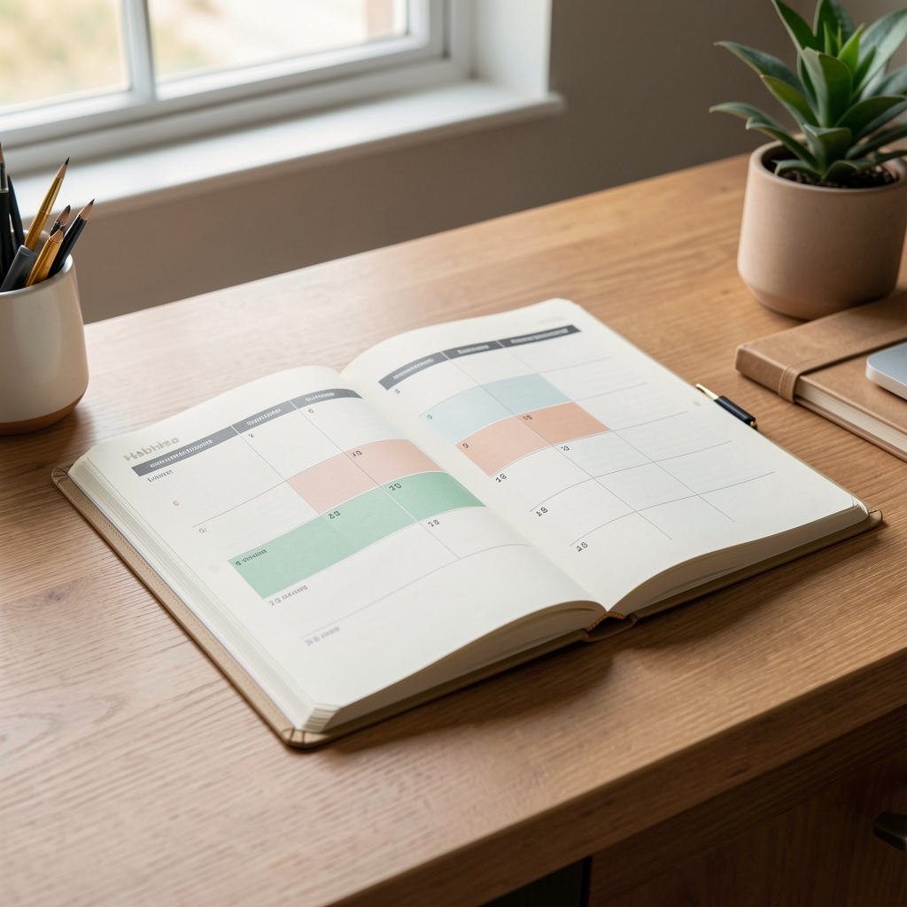 Habit tracker open on desk, natural light, editorial composition